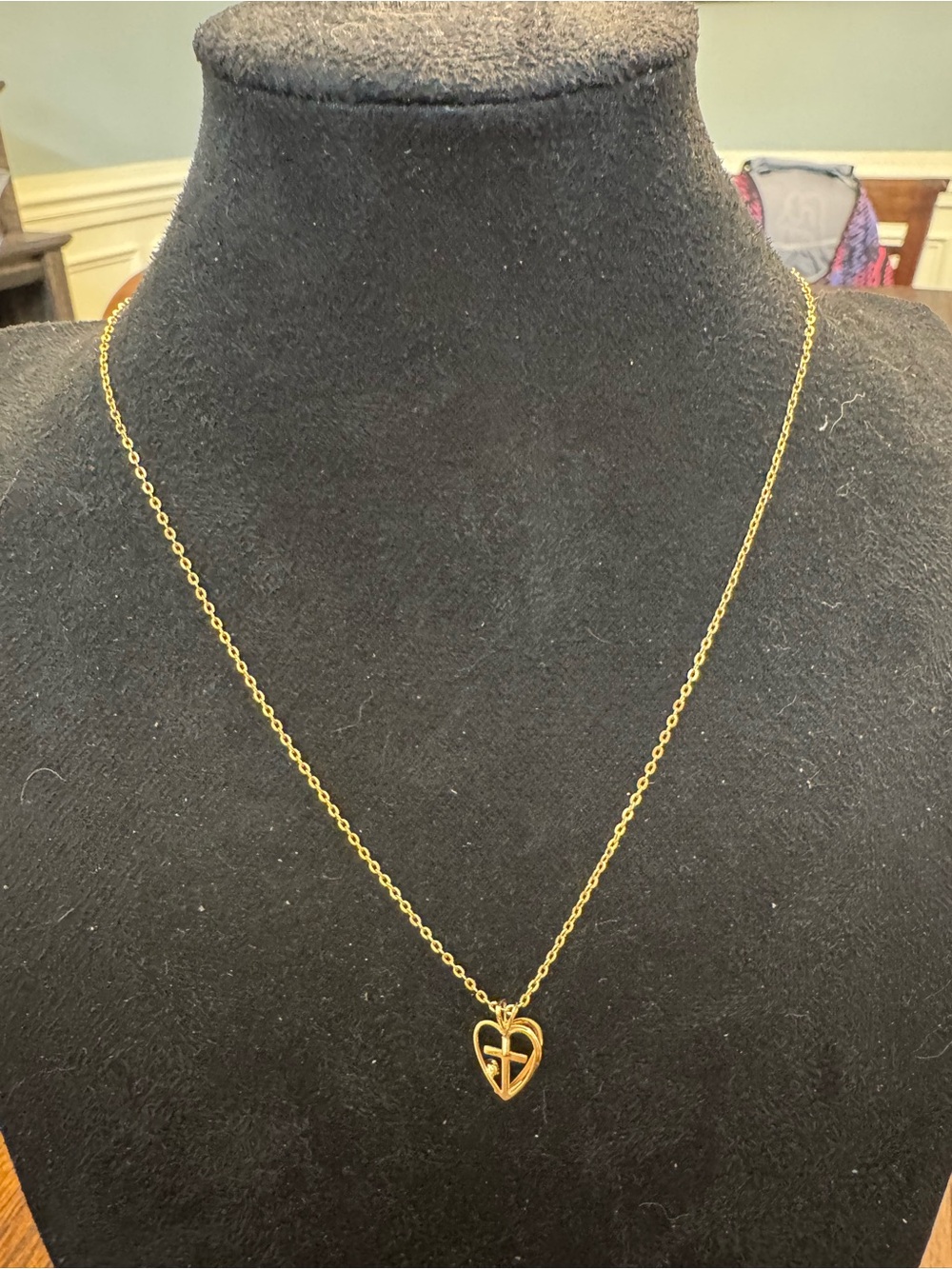 Gold Tone Heart Cross Pendant Necklace with Clear Stone Christian Faith Jewelry